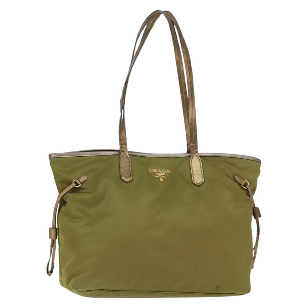 PRADA Tote Bag Nylon Khaki Gold Auth gh915 - Picture 1 of 16